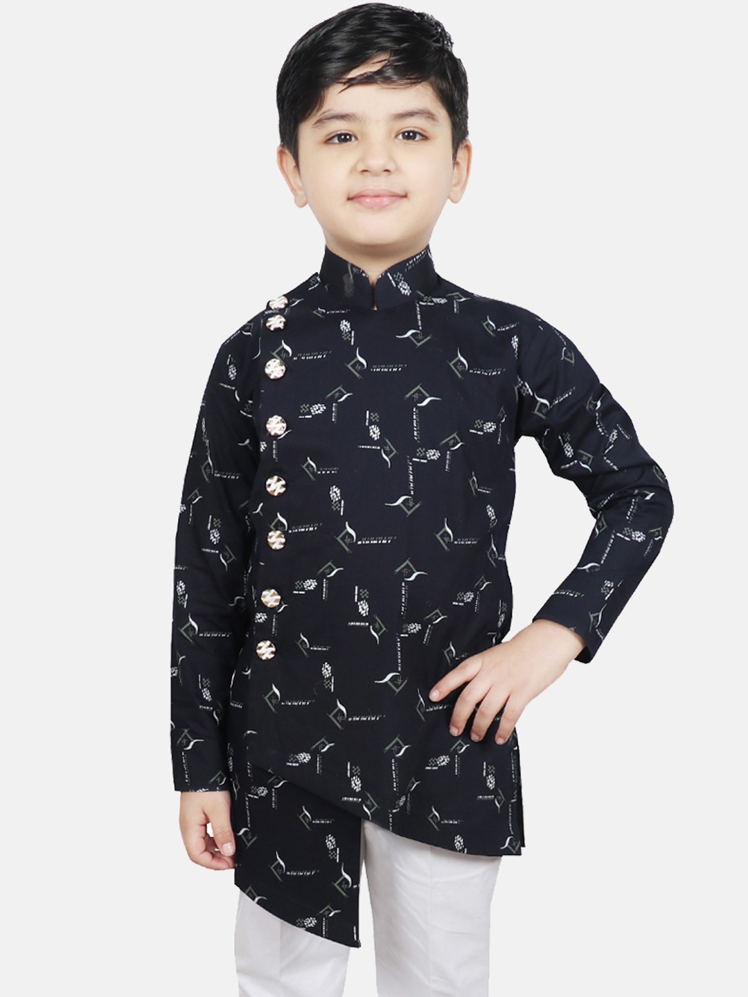SG YUVRAJ Boys Navy Blue Printed Straight Kurta