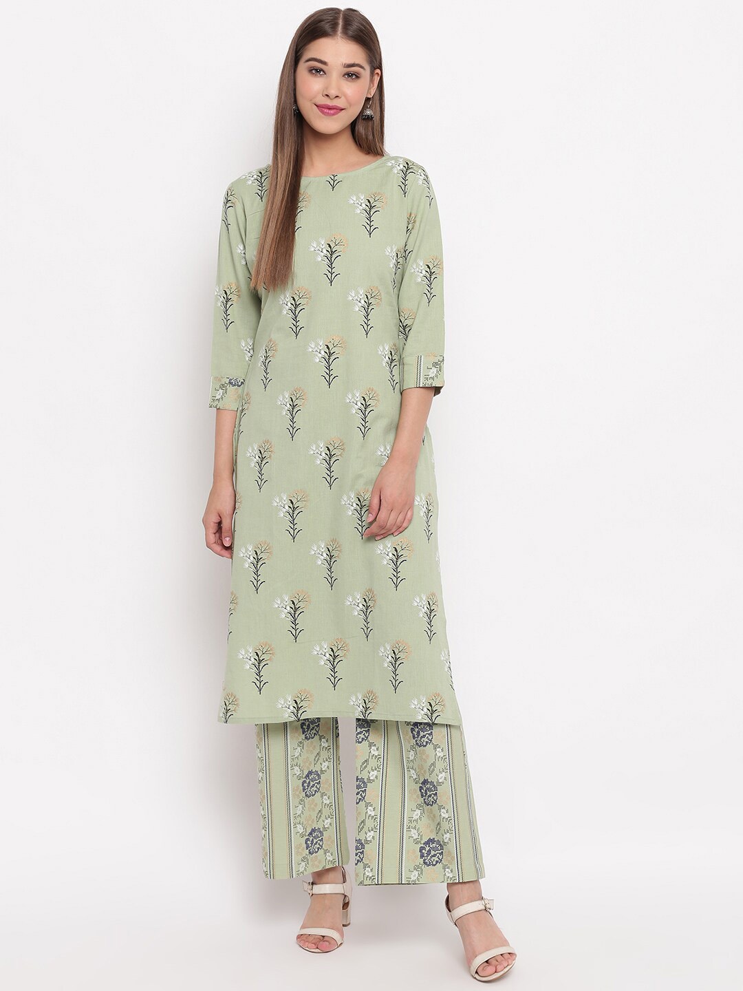 Women Green & White Printed Kurta with Palazzo