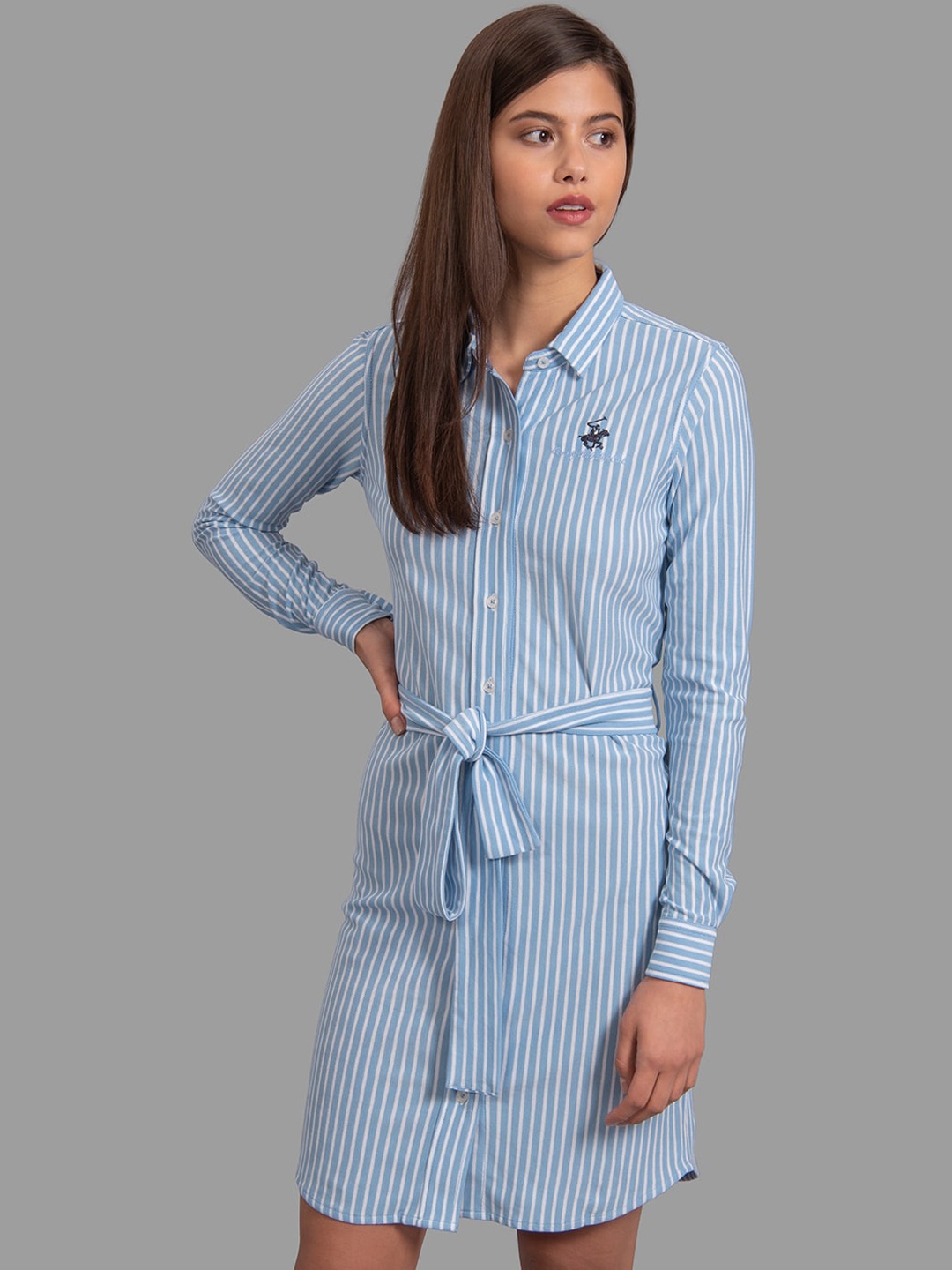 Beverly Hills Polo Club Women Blue Striped Shirt Dress