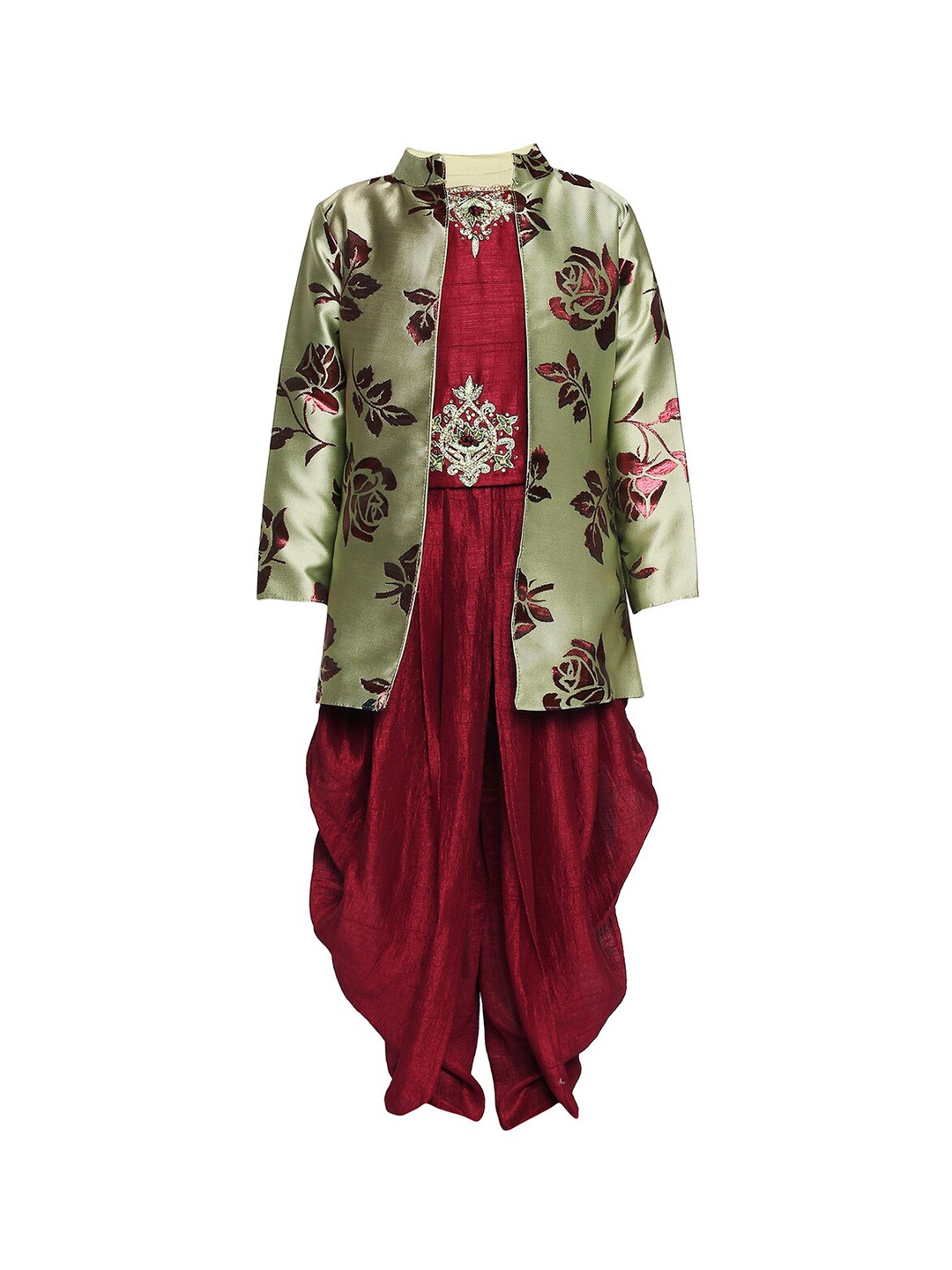 BETTY Girls Green & Maroon Self Design Top with Dhoti Pants & Jacket