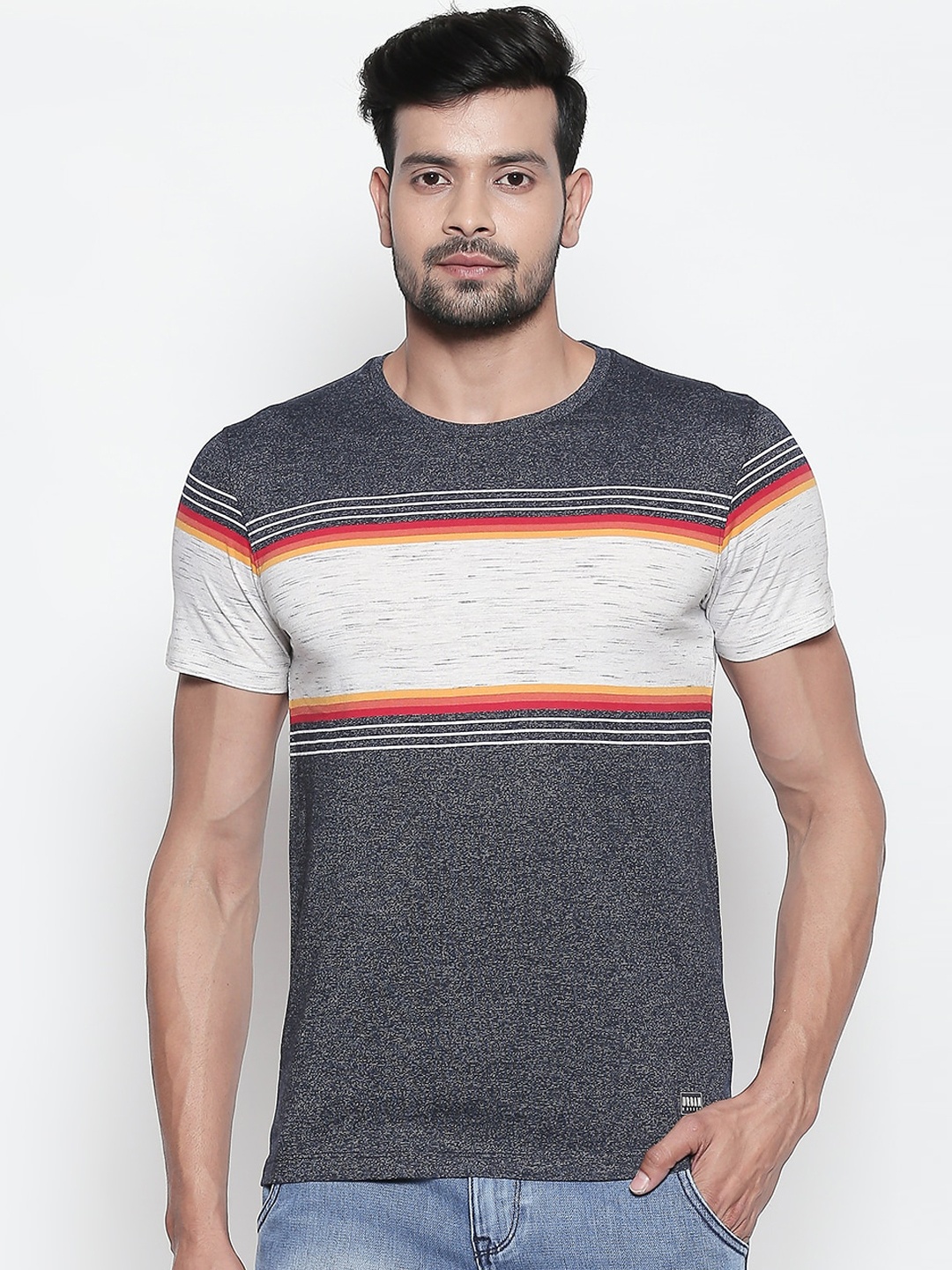 Urban Ranger by pantaloons Men Grey Melange Striped Round Neck Pure Cotton T-shirt
Urban Ranger by pantaloons Men Grey Melange Striped Round Neck Pure Cotton T-shirt