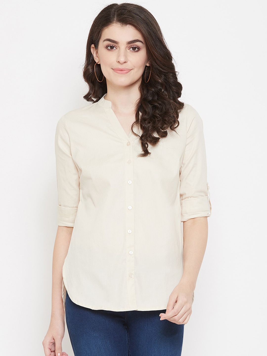 Ruhaans Women Beige Classic Regular Fit Solid Casual Shirt
