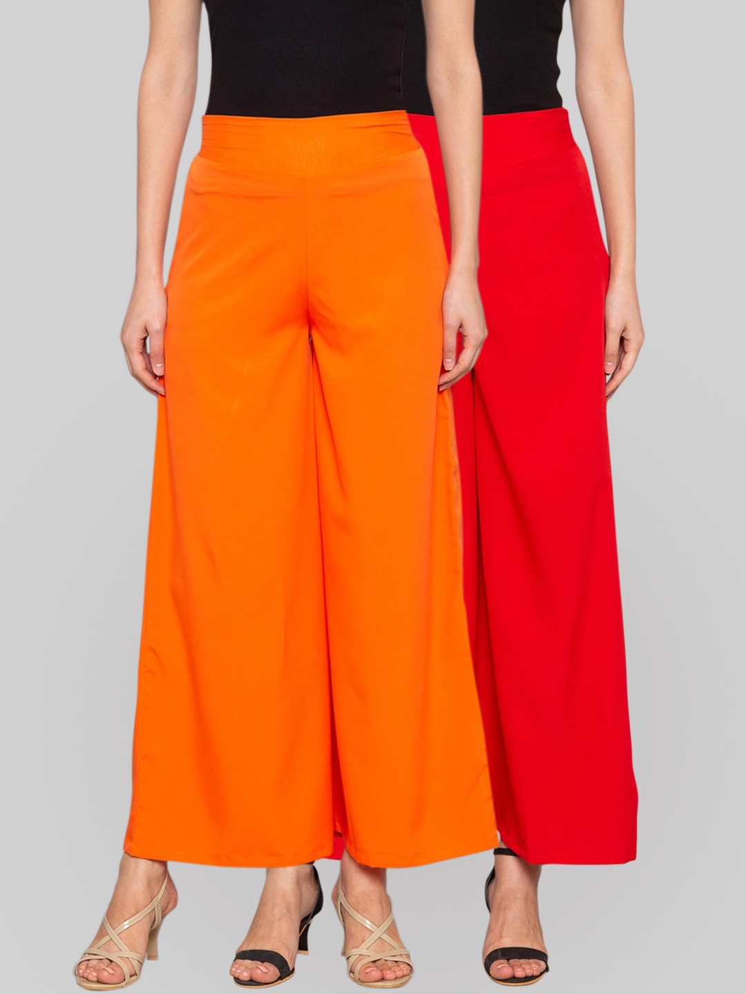 Desi Weavess Women Pack Of 2 Red & Orange Solid Flared Palazzos