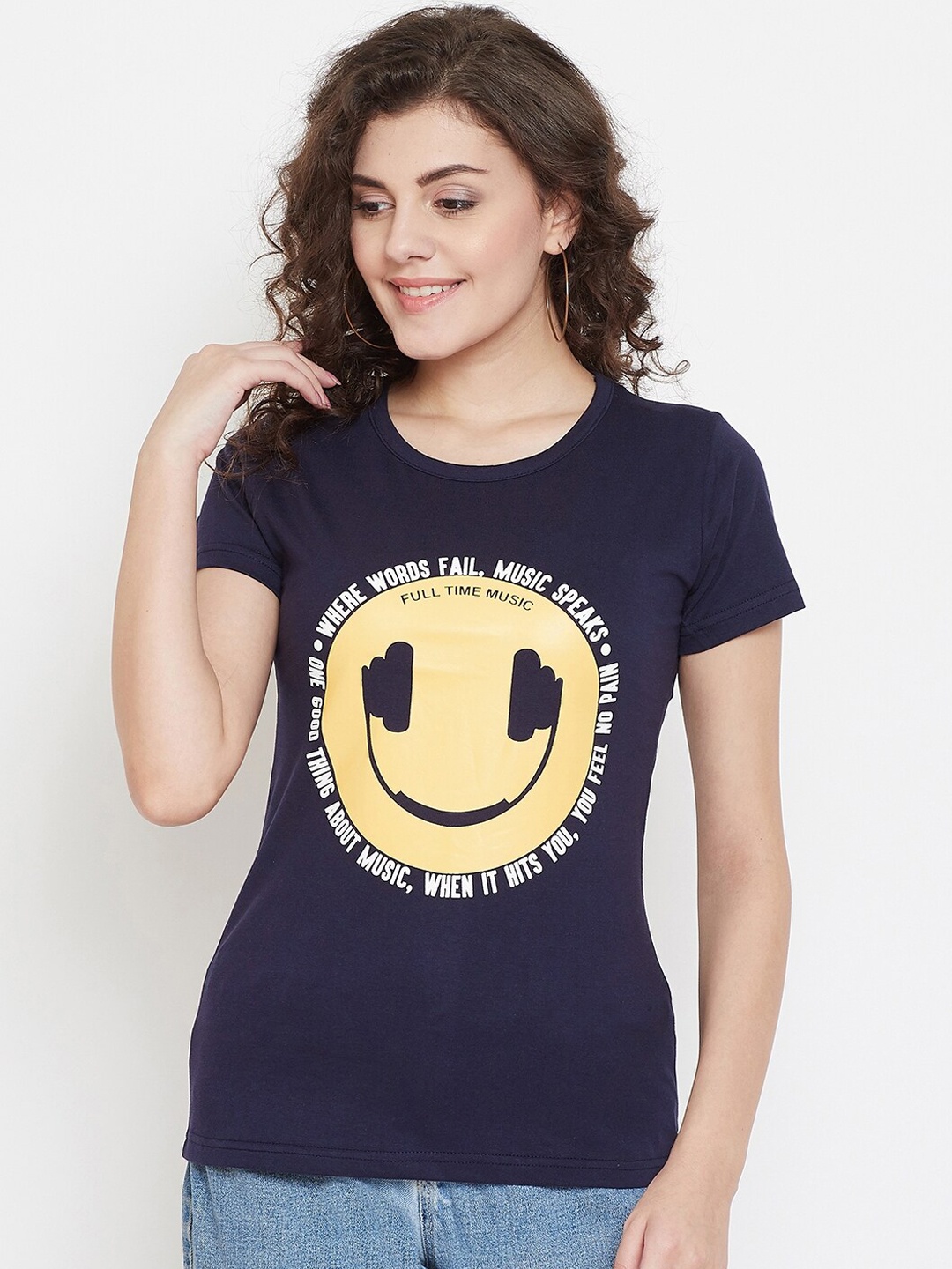 Purple Feather Women Navy Blue Printed Round Neck T-shirt