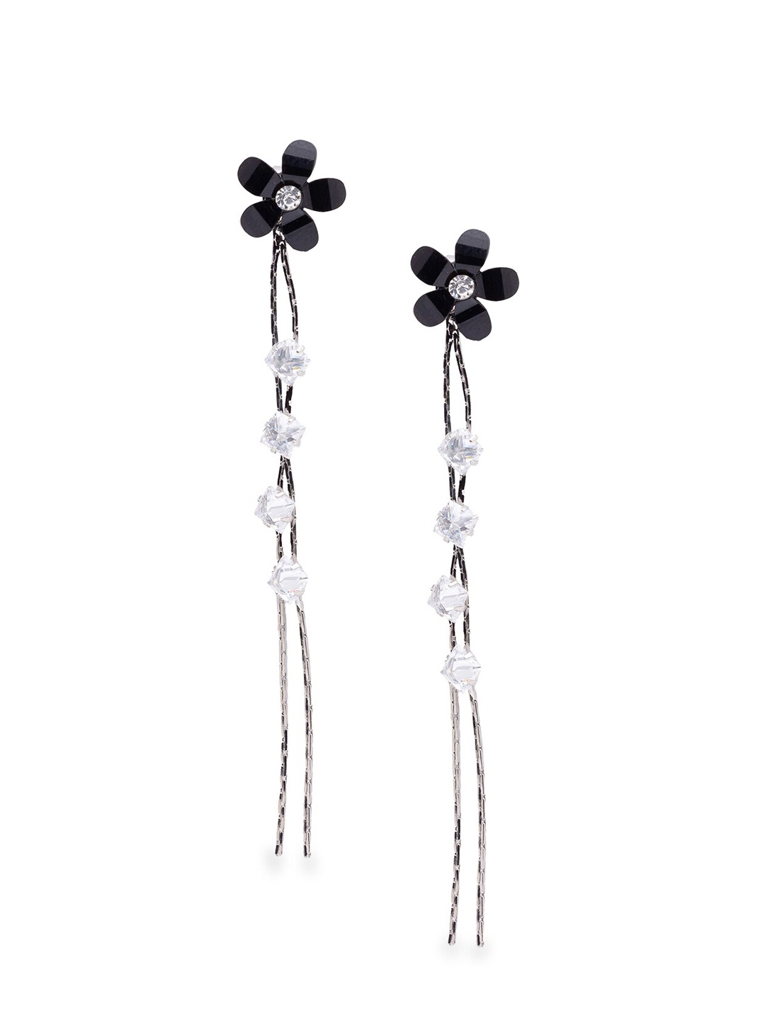 Globus Silver-Toned & Black Floral Long Drop Earrings