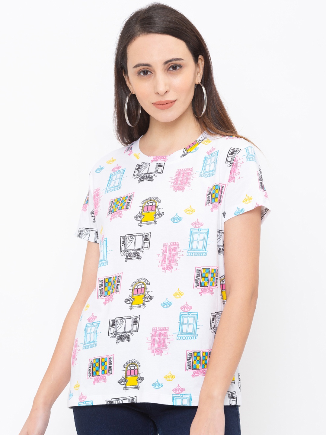 Globus Women White & Pink Printed Round Neck T-shirt