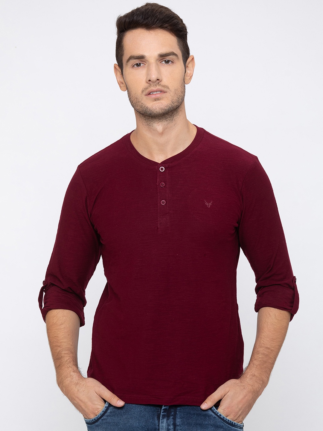 Globus Men Maroon Solid Henley Neck T-shirt