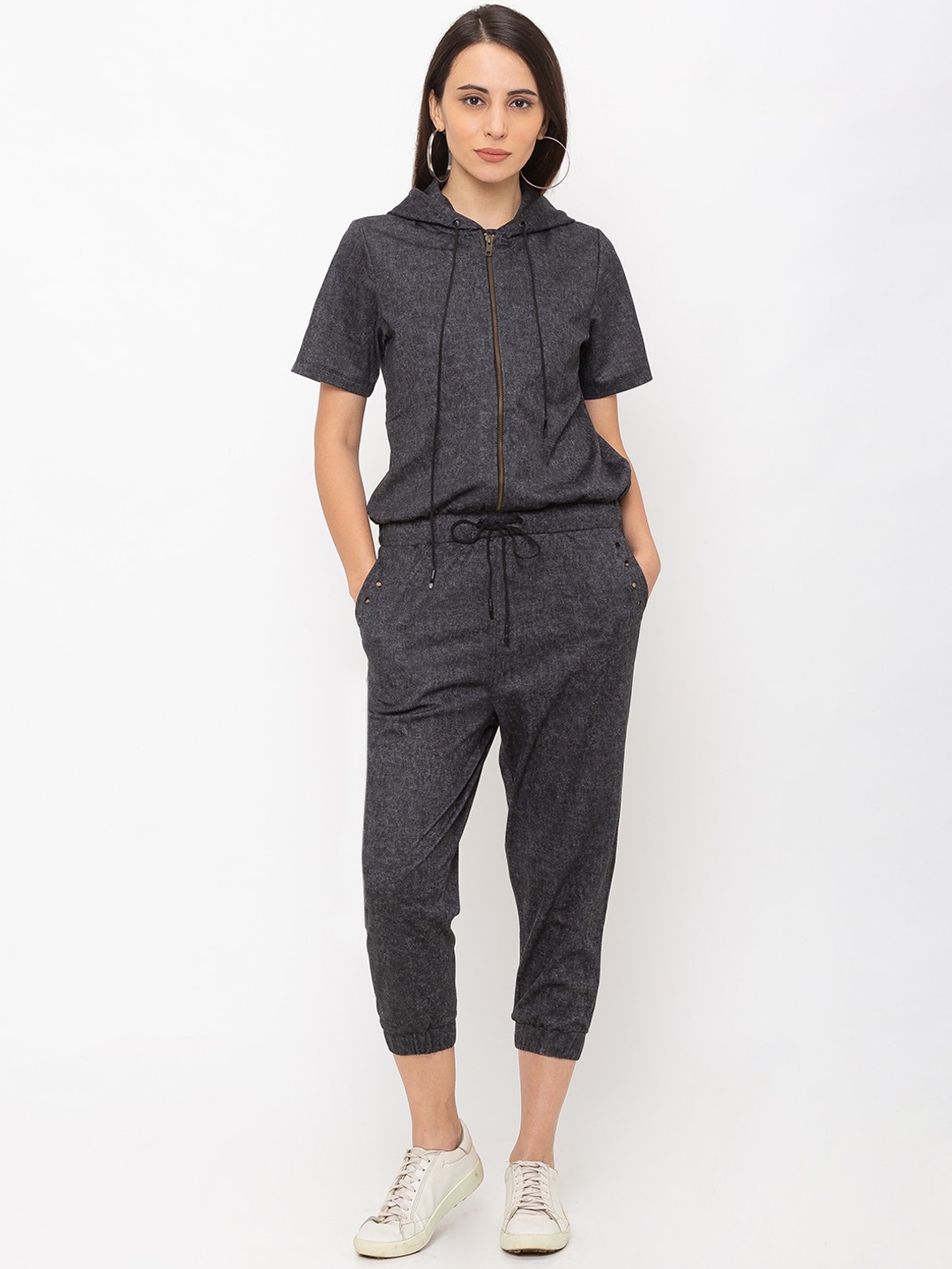 Globus Women Charcoal Grey Solid Basic Hooded Jumpsuit