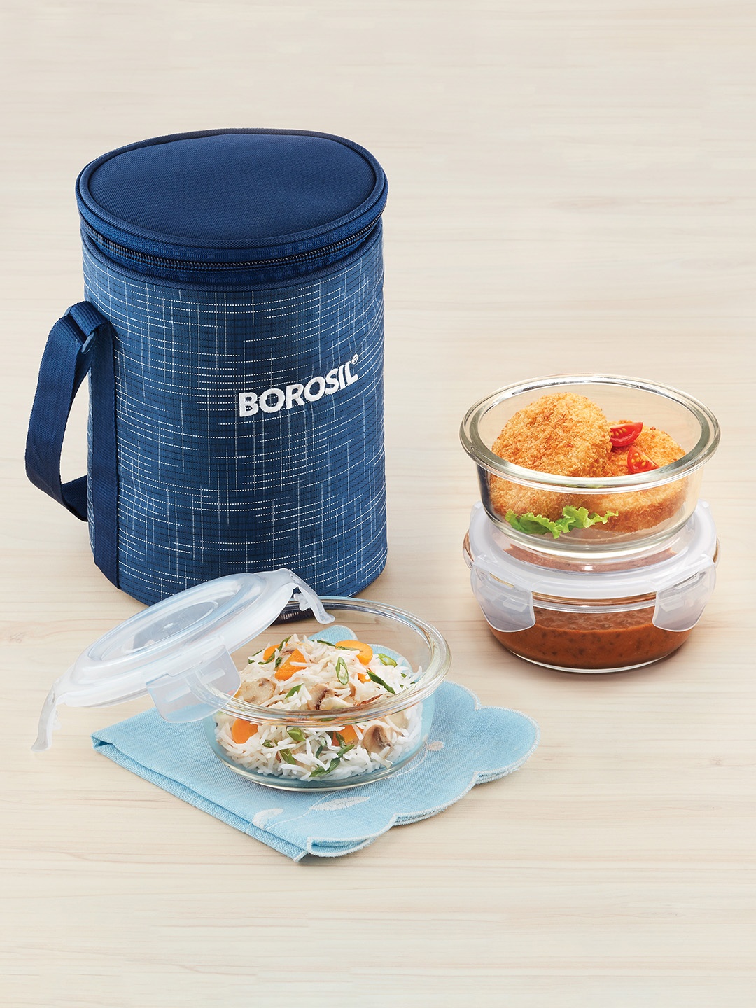 BOROSIL Blue & Transparent Indigo Borosilicate Glass 3 Piece Round Containers Lunch Box With Bag
BOROSIL Blue & Transparent Indigo Borosilicate Glass 3 Piece Round Containers Lunch Box With Bag