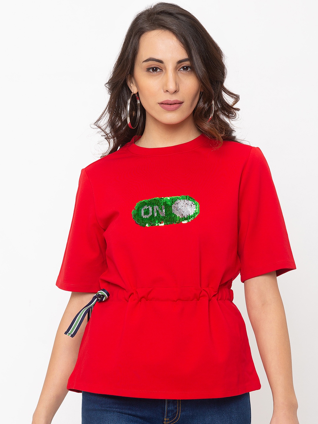 Globus Women Red & Green Embellished Cinched Waist Top