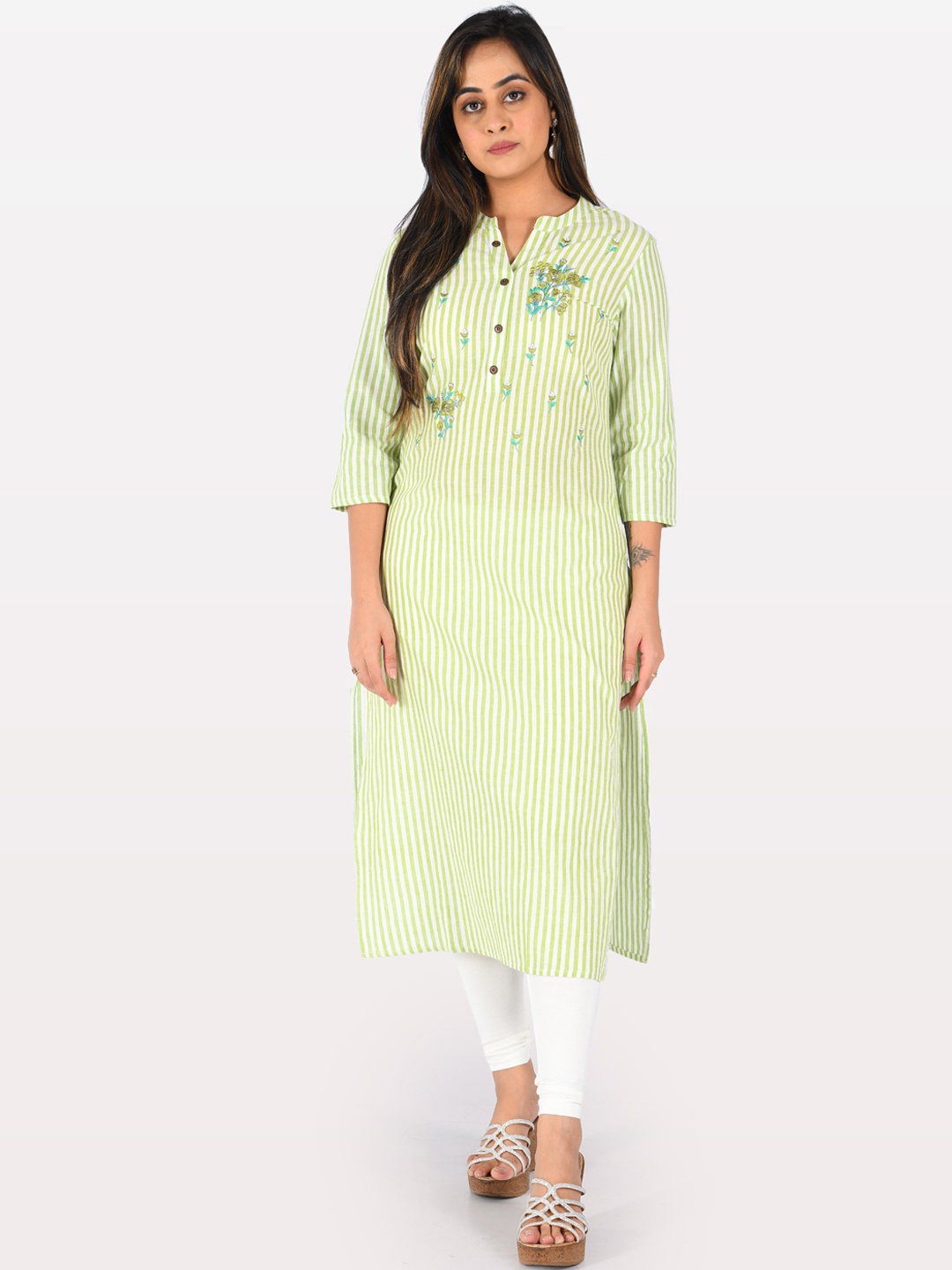 Neerus Women Green & White Striped Straight Kurta