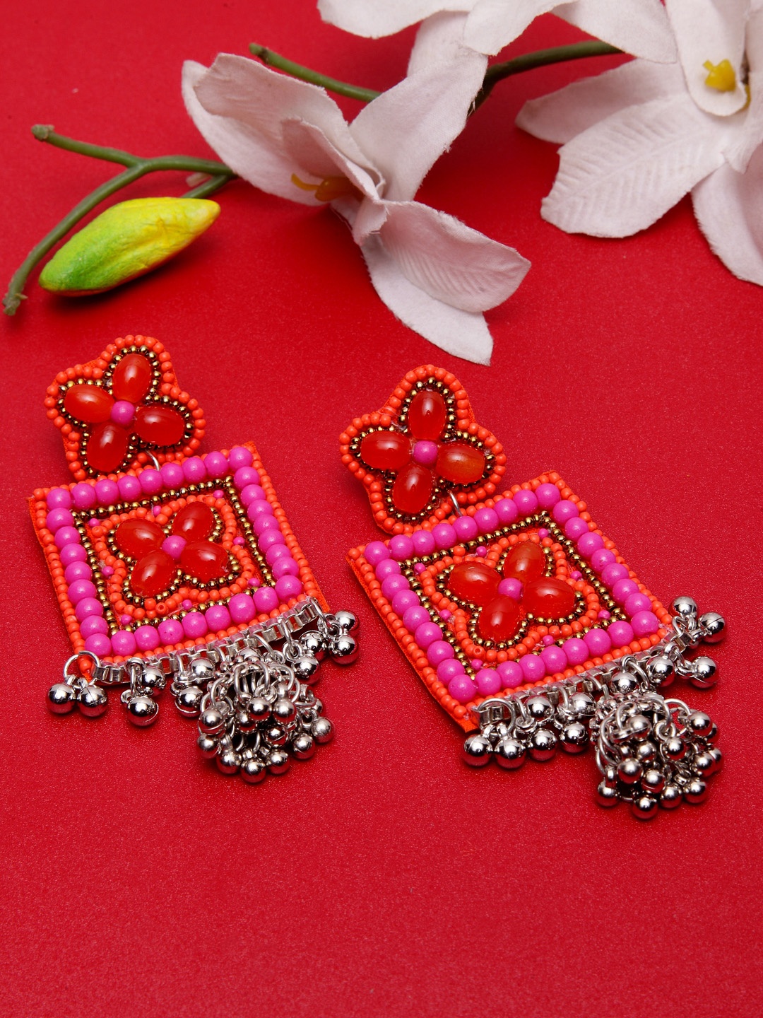 Moedbuille Pink & Orange Square Afghan Antique Drop Earrings