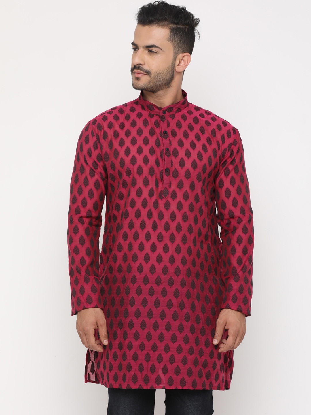SHOWOFF Men Pink & Black Woven Design Straight Kurta