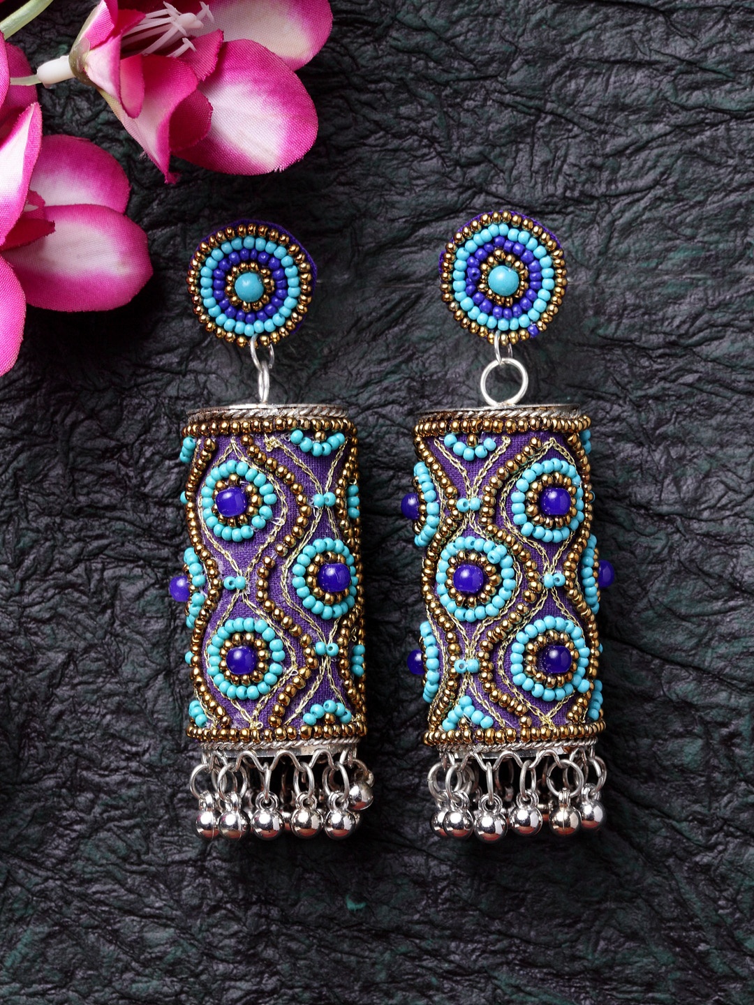 Moedbuille German Silver & Blue Brass-Plated Dome Shaped Jhumkas