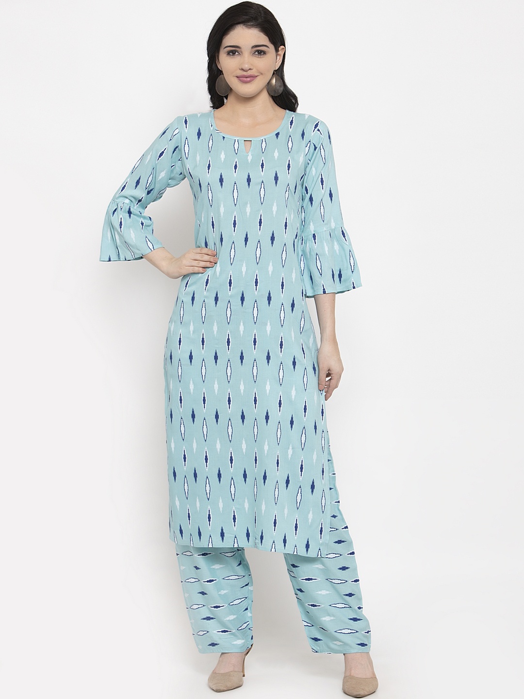 ANAISA Women Blue & White Printed Kurta with Palazzos