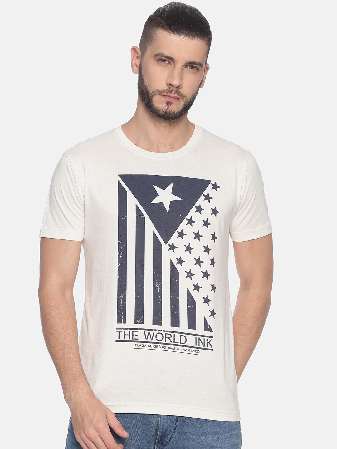 Kryptic Men Off-White Printed Round Neck Pure Cotton T-shirt