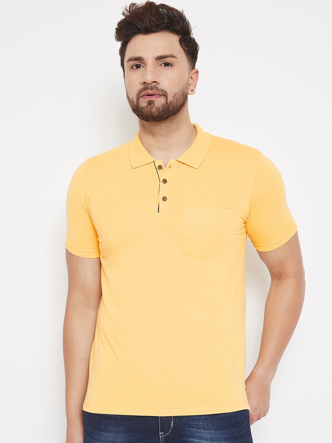 Adobe Men Yellow Solid Polo Collar T-shirt
