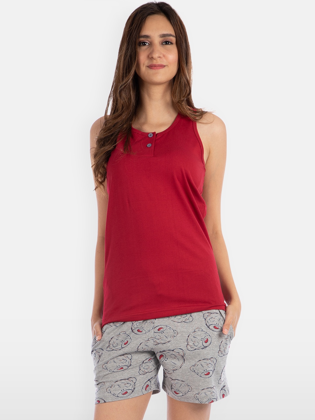 Nite Flite Women Maroon & Grey Solid Night Suit 26074