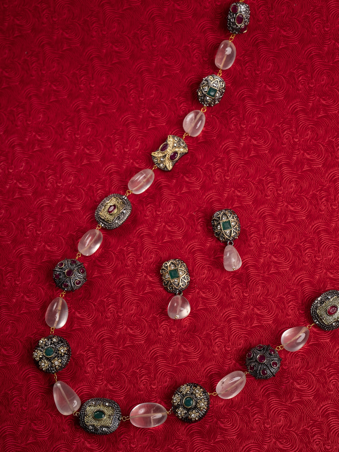 Shoshaa Gold-Plated Pink & Green Flourite Marcasite Beaded Jewellery Set