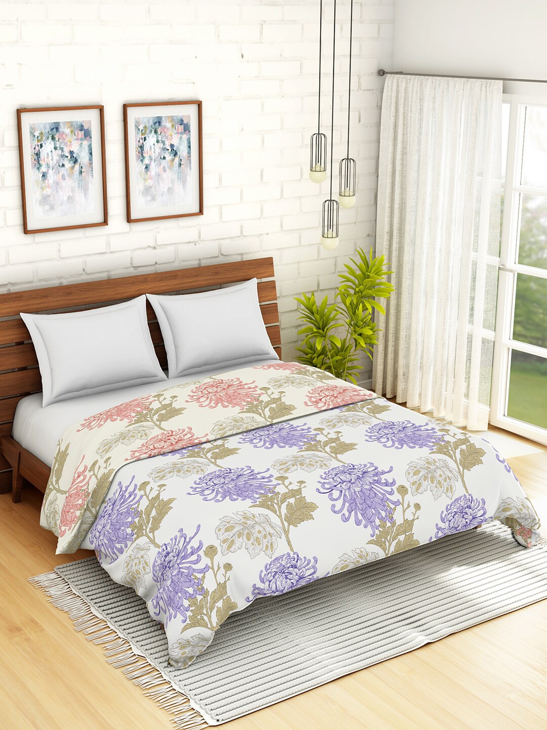 SPACES Beige & Purple Floral AC Room 150 GSM Double Bed Quilt