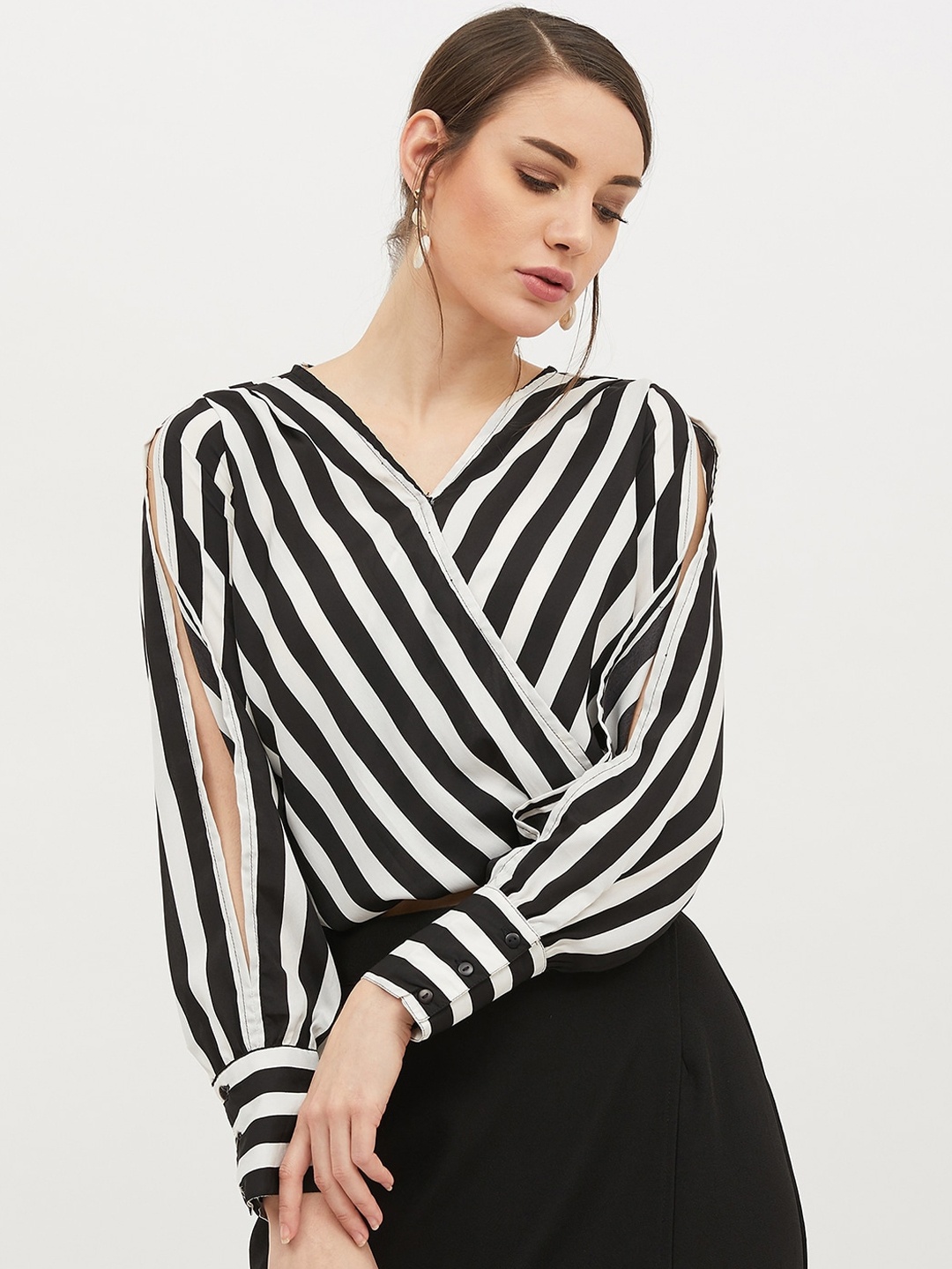 Harpa Women Black Striped Wrap Top