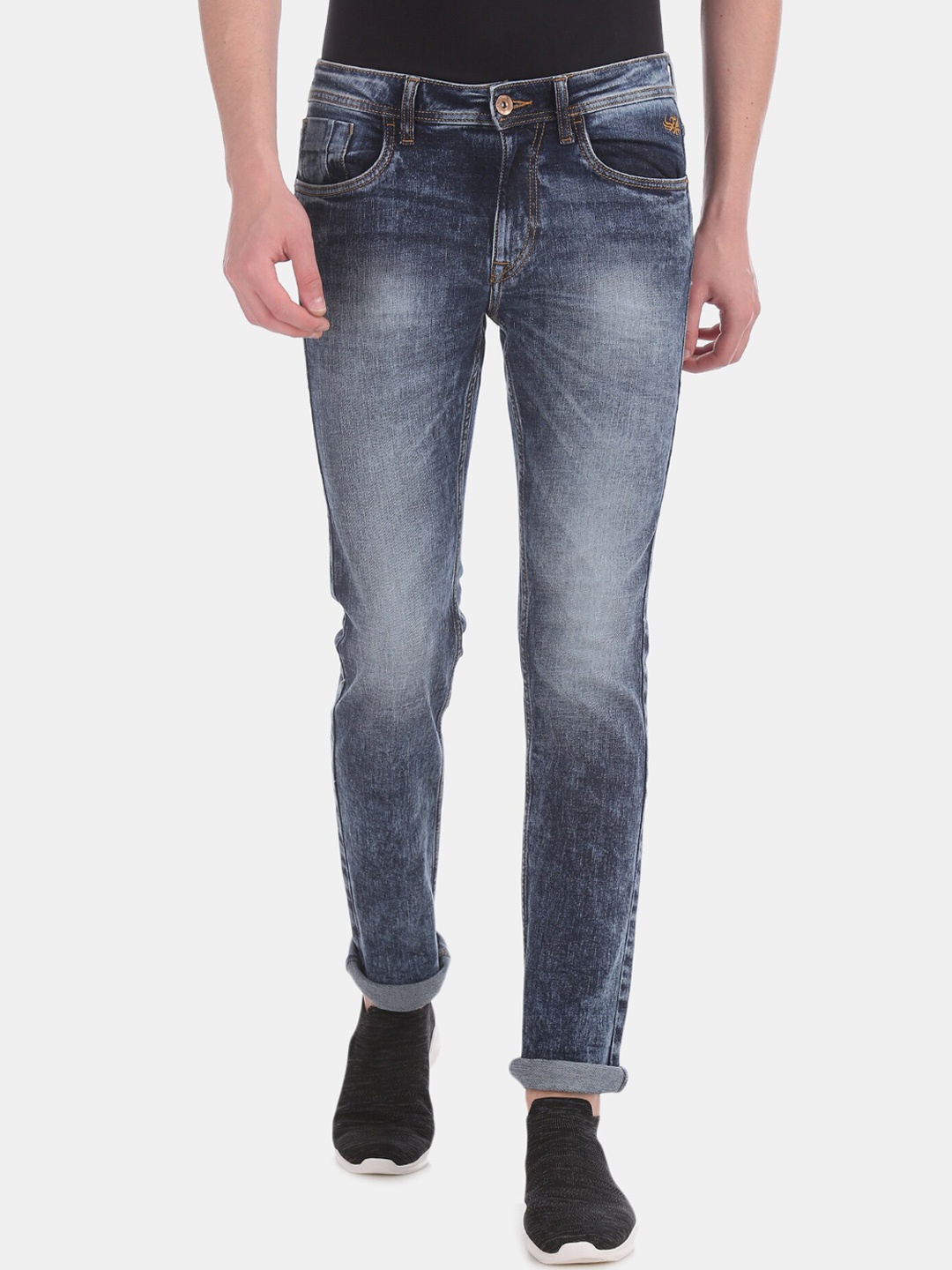 Flying Machine Men Navy Blue Tapered Fit Mid-Rise Acid Wash Jeans