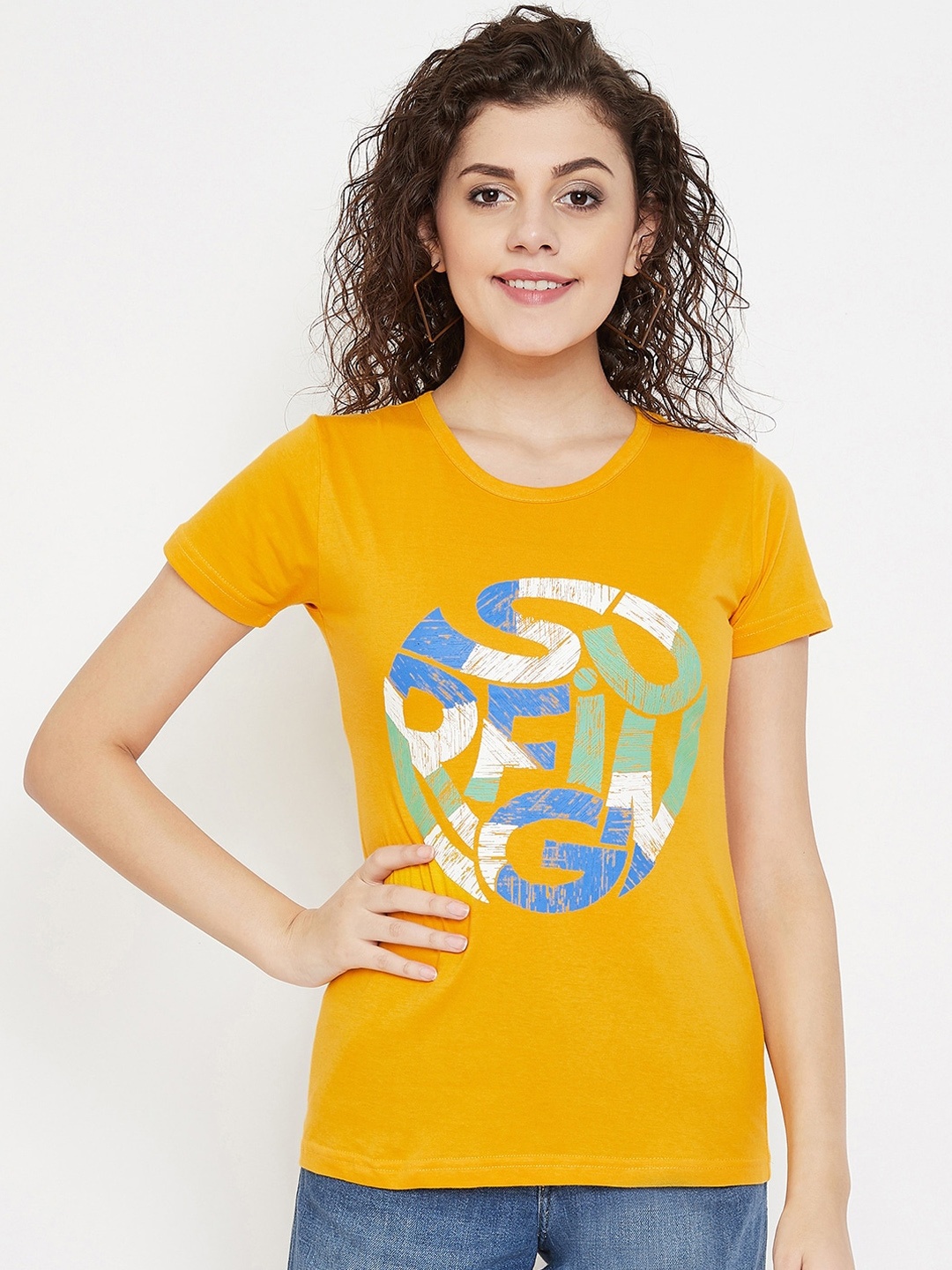 Purple Feather Women Mustard Printed Round Neck T-shirt