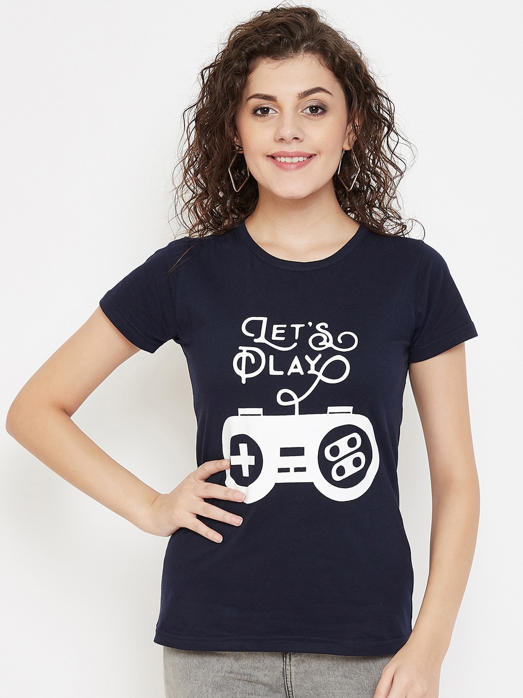 Purple Feather Women Navy Blue Printed Round Neck T-shirt