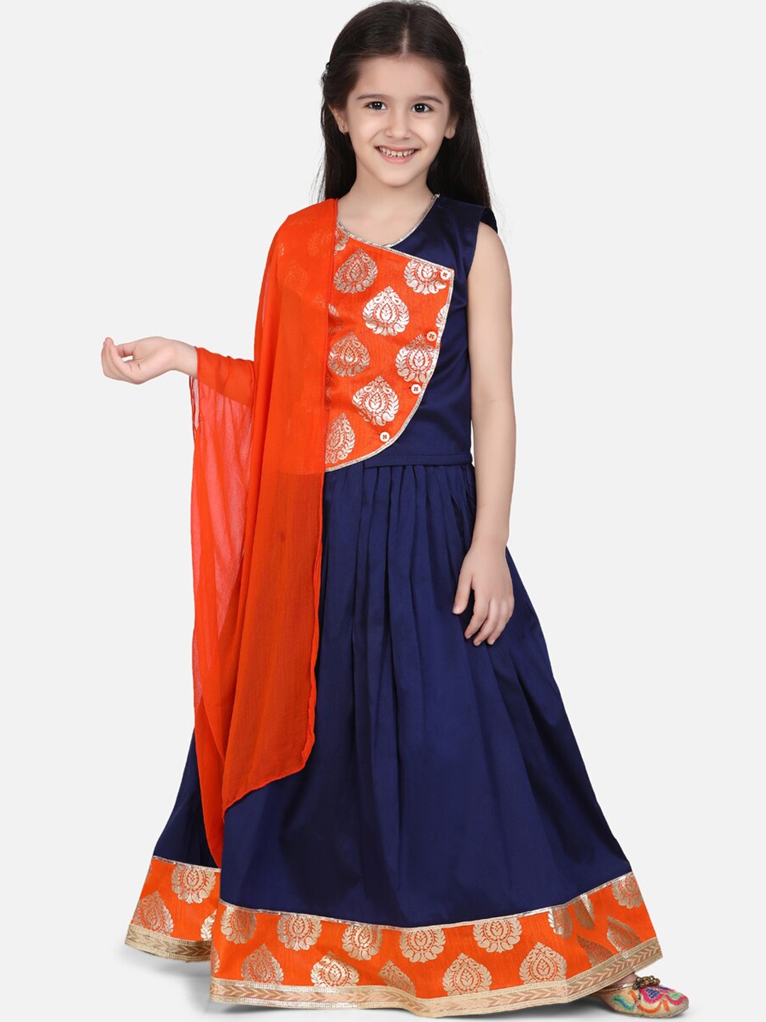 BownBee Girls Navy Blue & Orange Embroidered Ready to Wear Lehenga & Blouse with Dupatta
BownBee Girls Navy Blue & Orange Embroidered Ready to Wear Lehenga & Blouse with Dupatta