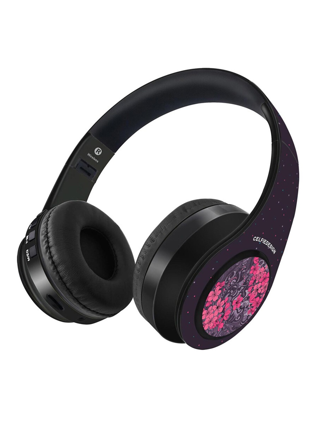 CelfieDesign Black & Purple Cherry Blossom Mandala Wireless Bluetooth On Ear Headphones With Mic