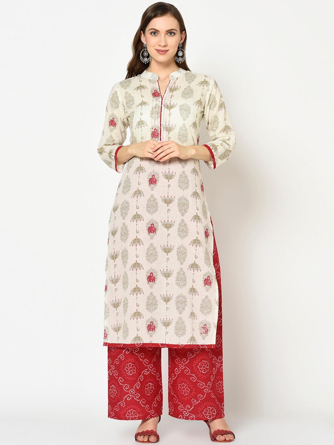 Yufta Women Off-White & Green Printed Kurta with Red Printed Palazzos