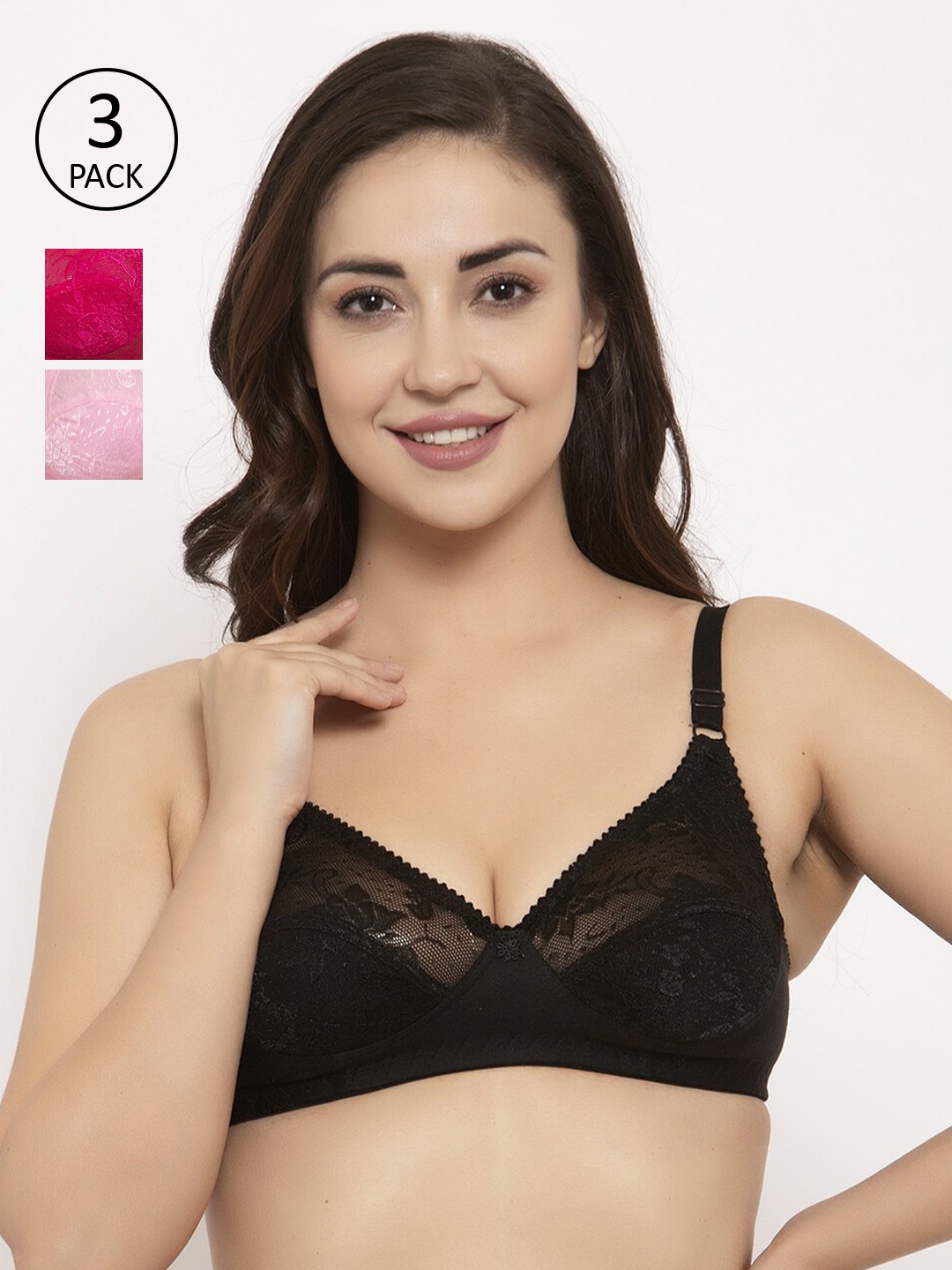 GRACIT Pack Of 3 Self Design Non-Wired Non Padded Balconette Bras PW3-01-07-10, Black