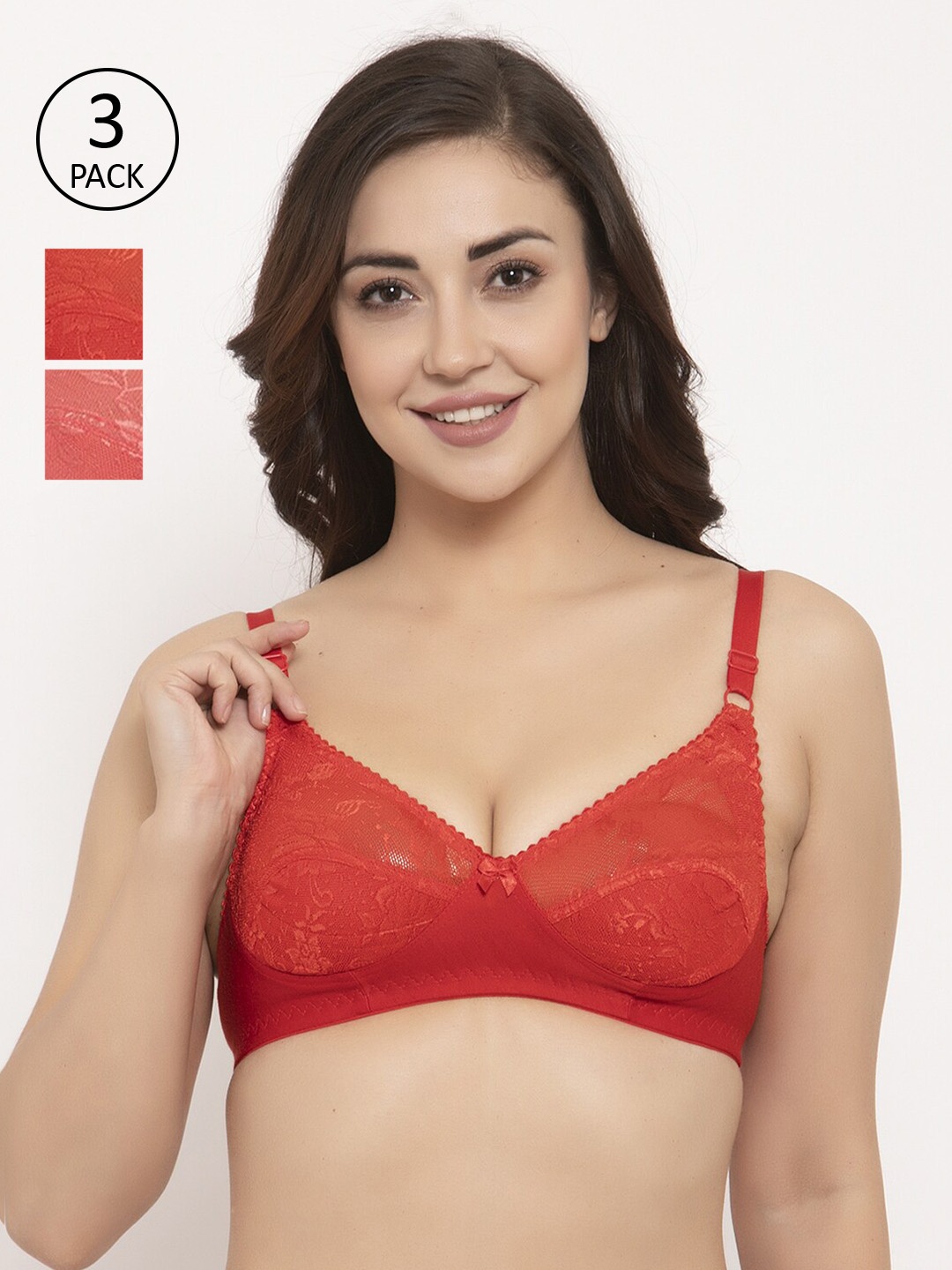 GRACIT Pack Of 3 Solid Non-Wired Non Padded Everyday Bras PW3-03-03-15, Red