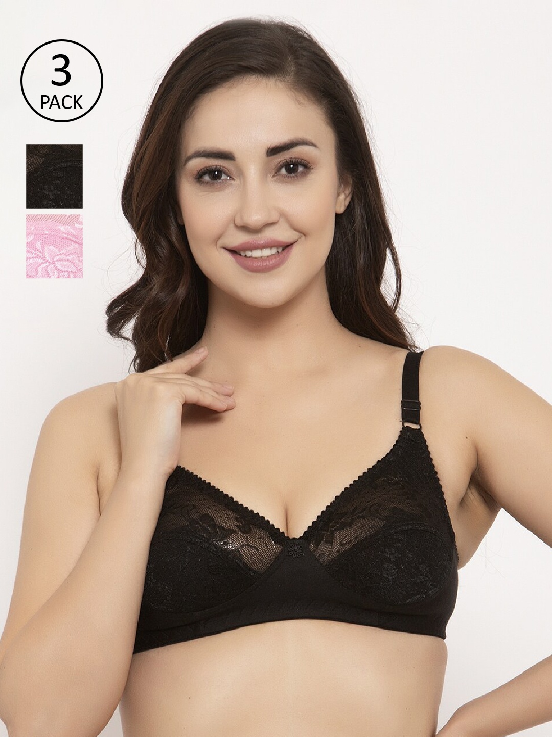 GRACIT Pack Of 3 Lace Non-Wired Non Padded Balconette Bras PW3-01-10, Black