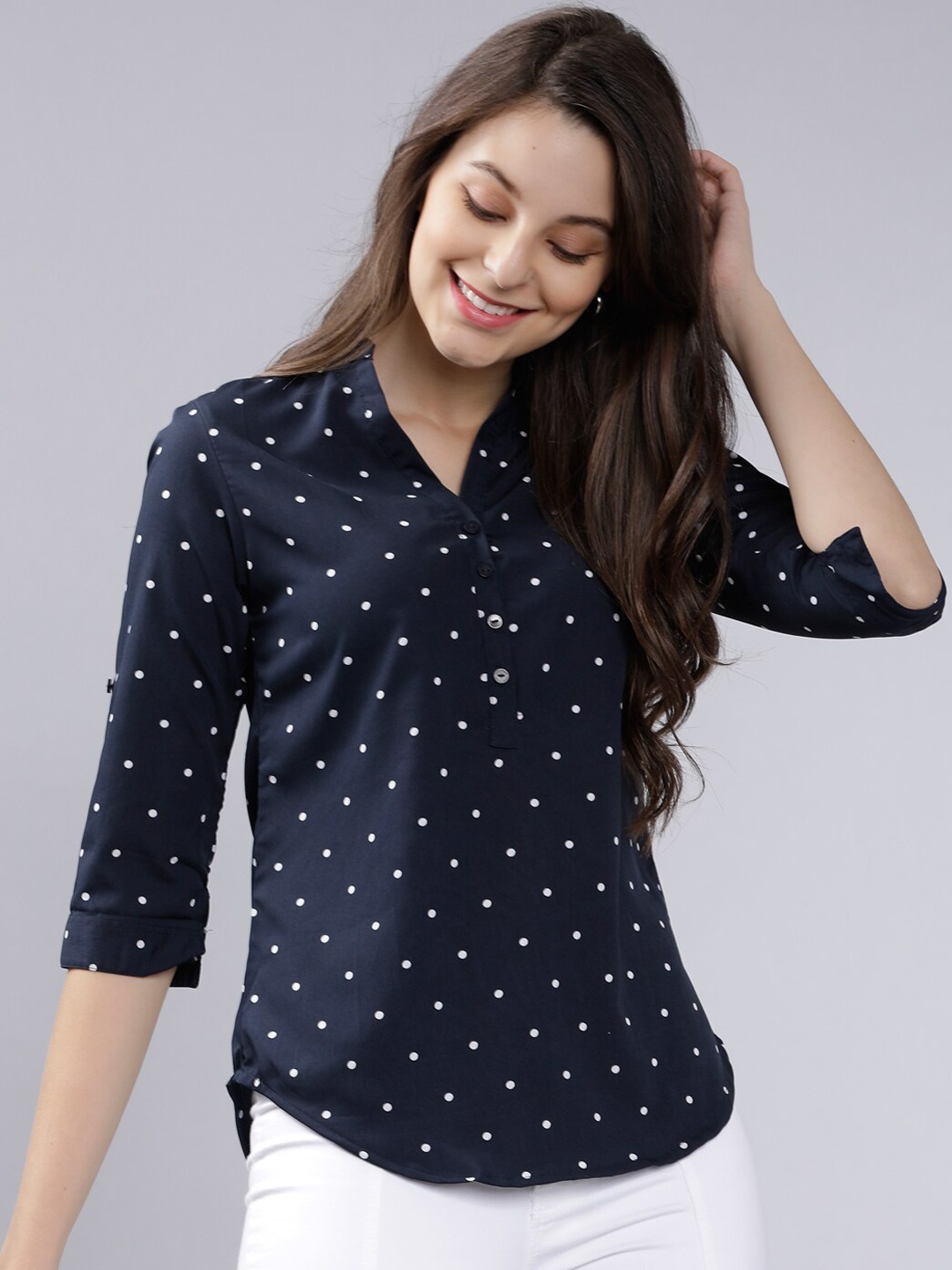 Tokyo Talkies Women Navy Blue Polka Dots Print Shirt Style Top