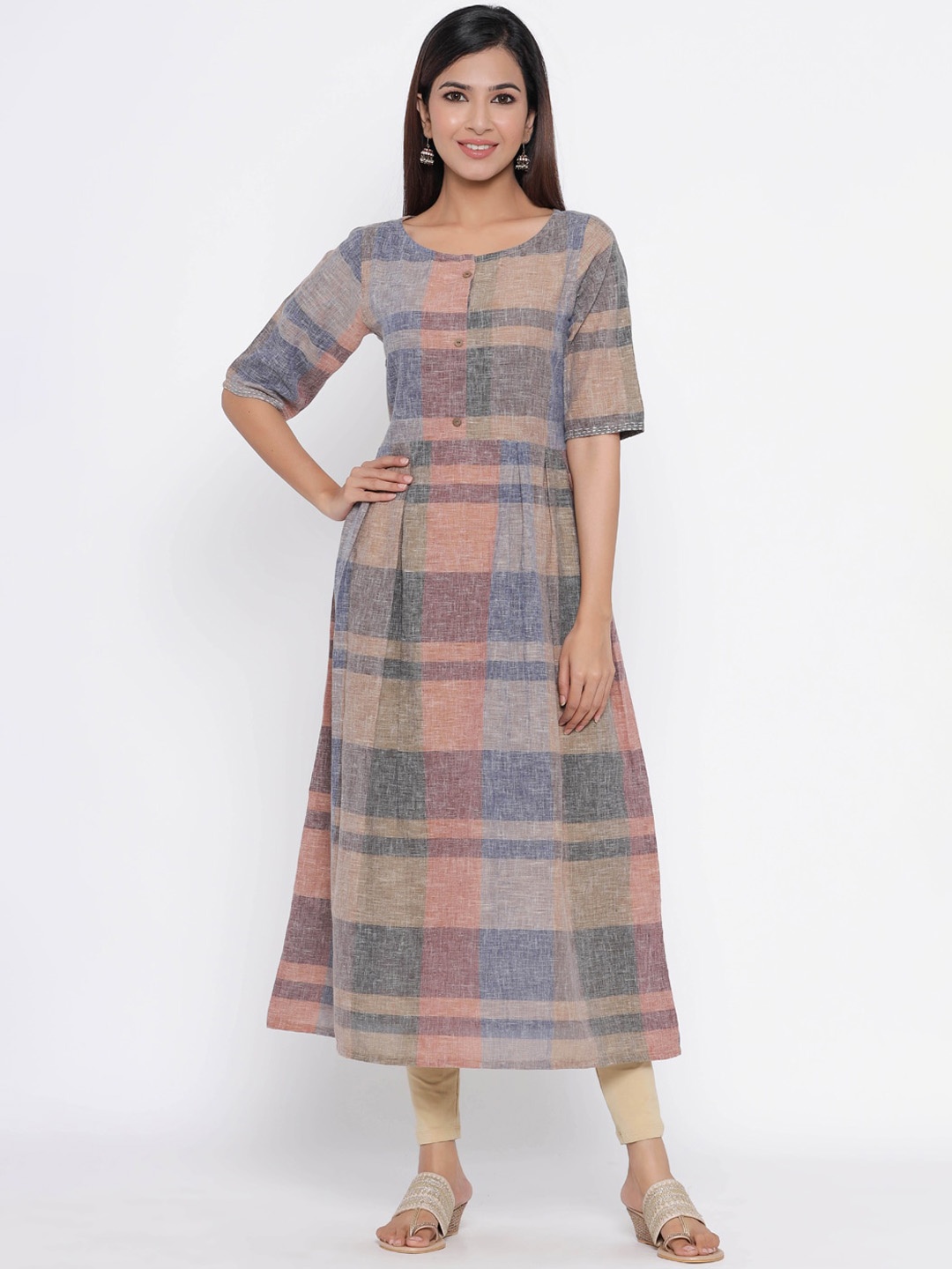 Silai Bunai Women Brown & Blue Checked Anarkali Kurta
