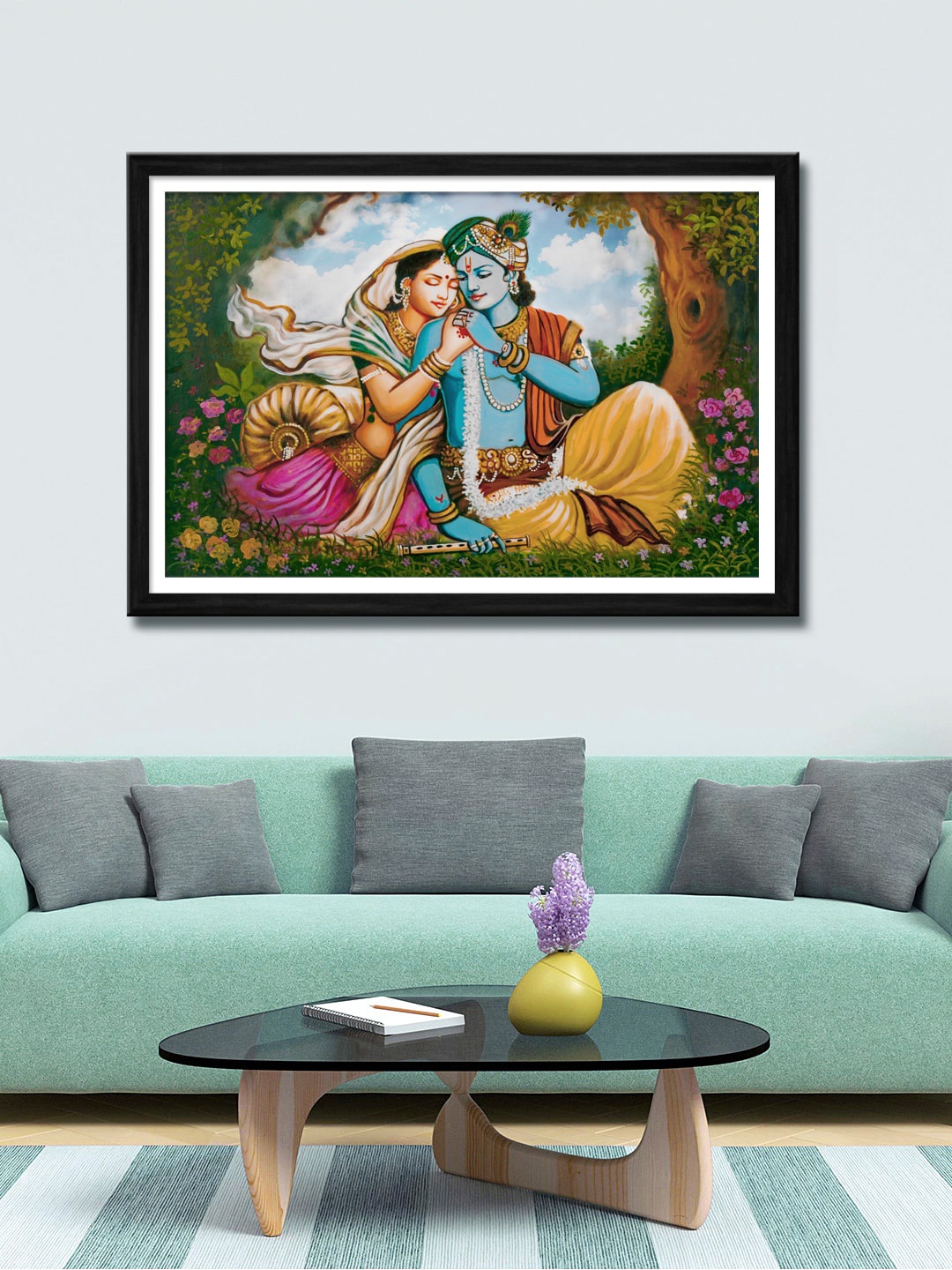 999Store Green & Blue Radha Krishna Canvas Painting