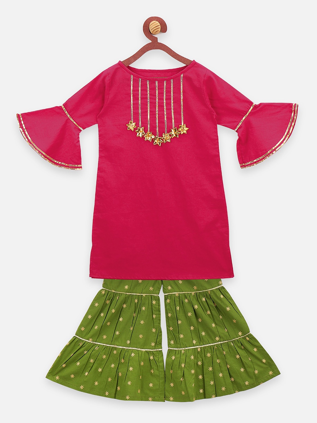 LilPicks Girls Magenta Yoke Design Kurta with Green Sharara