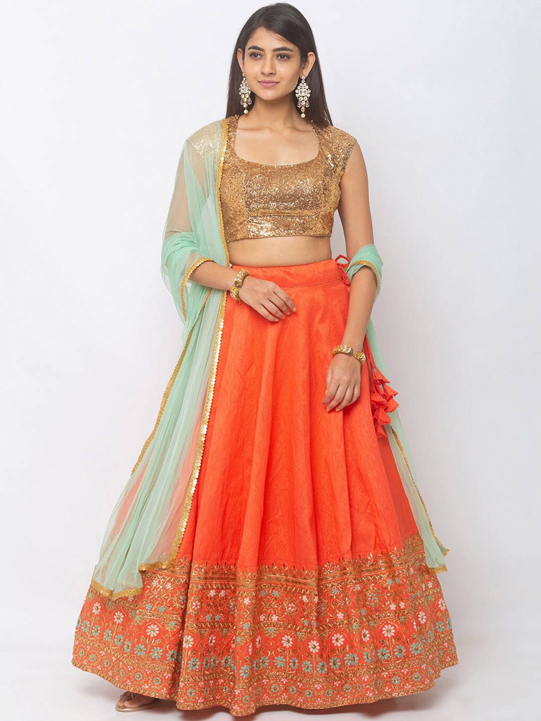 6Y COLLECTIVE Coral & Gold-Toned Embroidered Ready to Wear Lehenga & Unstitched Blouse with Dupatta
6Y COLLECTIVE Coral & Gold-Toned Embroidered Ready to Wear Lehenga & Unstitched Blouse with Dupatta