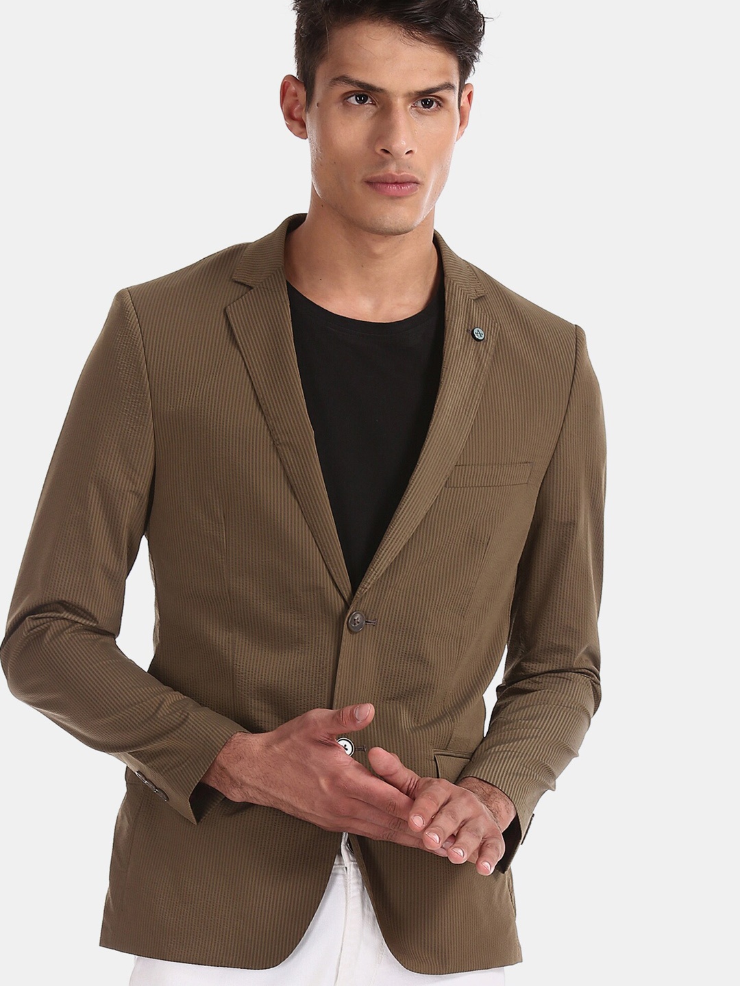 Arrow Men Brown Striped Slim-Fit Single-Breasted Casual Blazer