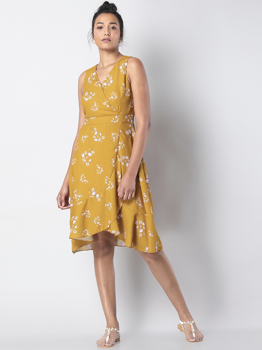 FabAlley Women Yellow Floral Printed Fit and Flare Dress
