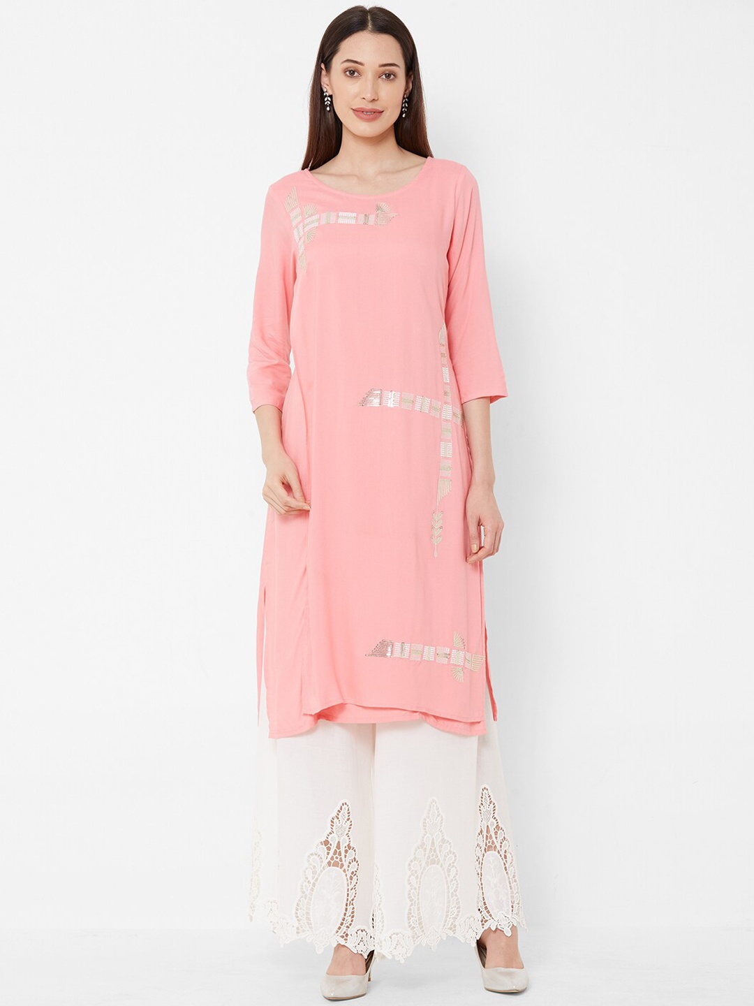 Vedic Women Pink & Beige Embroidered Straight Kurta