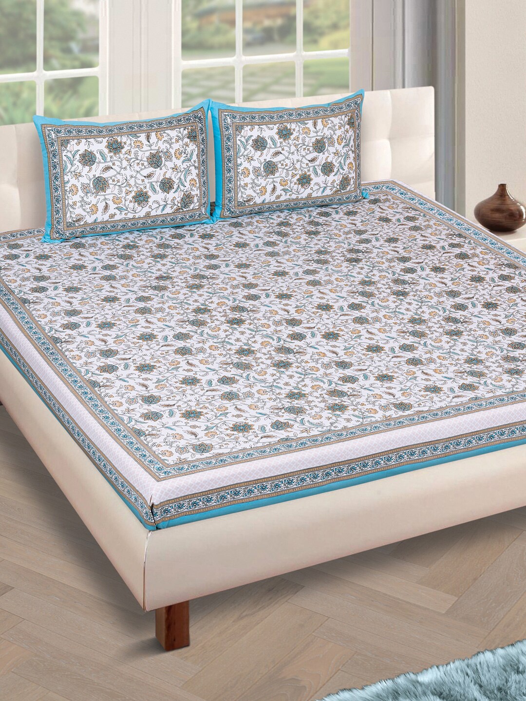 ROMEE White & Beige Floral 180 TC Cotton 1 King Bedsheet with 2 Pillow Covers