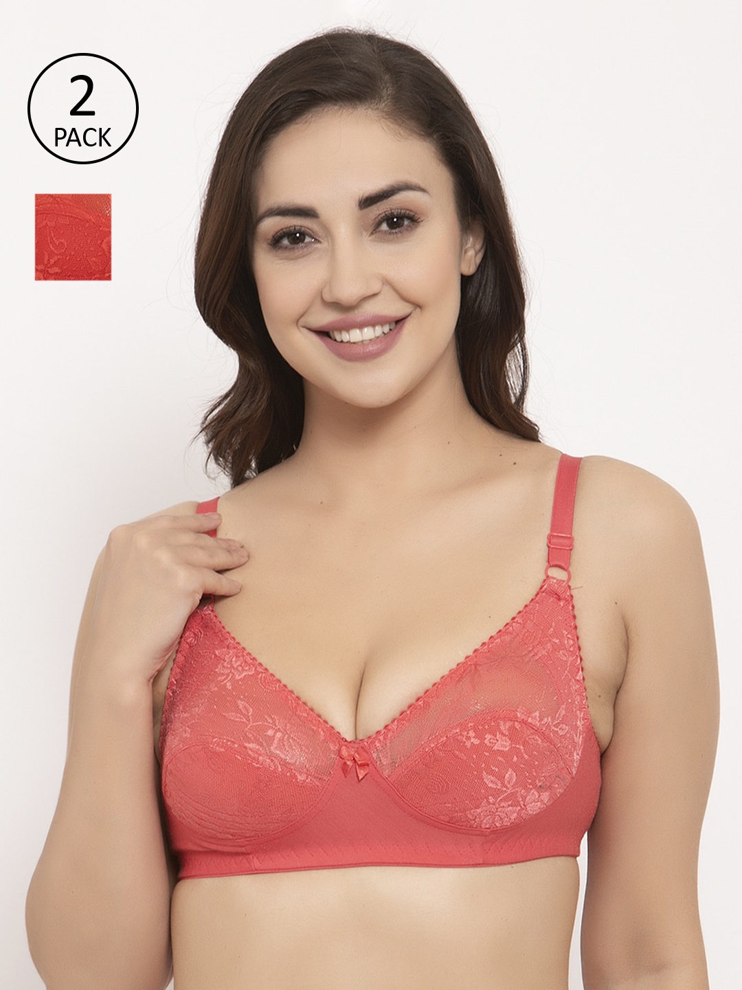 GRACIT Pack Of 2 Self Design Non-Wired Non Padded Balconette Bras PW3-03-15, Red