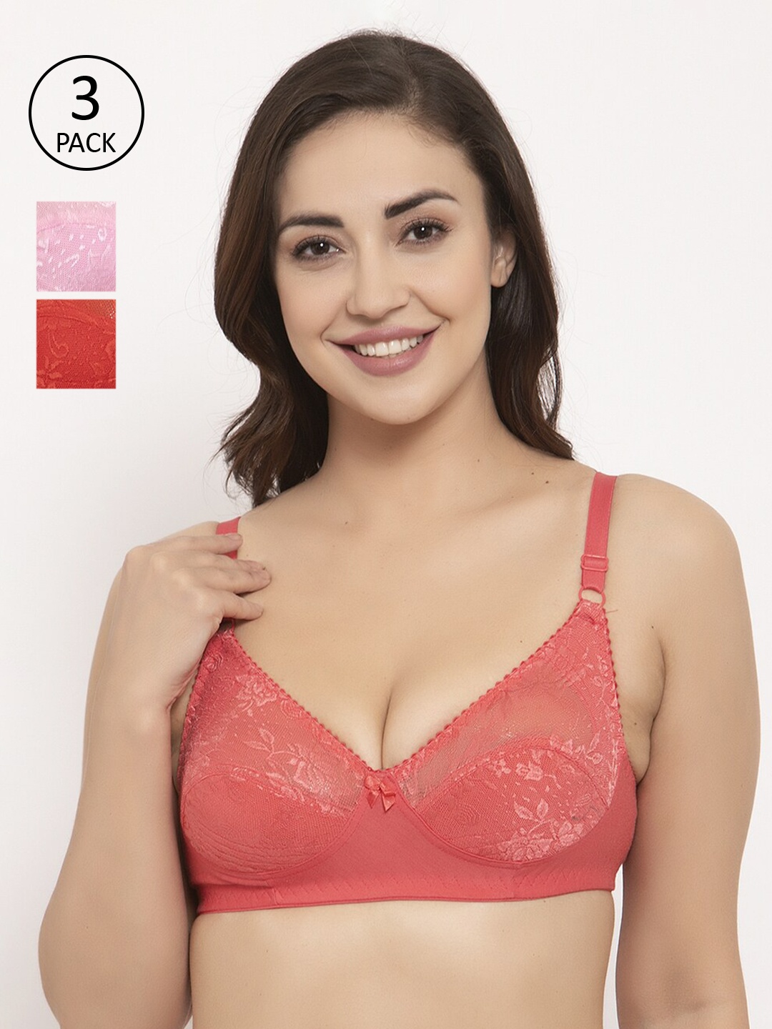 GRACIT Pack Of 3 Lace Non-Wired Non Padded Everyday Bras PW3-03-10-15, Red