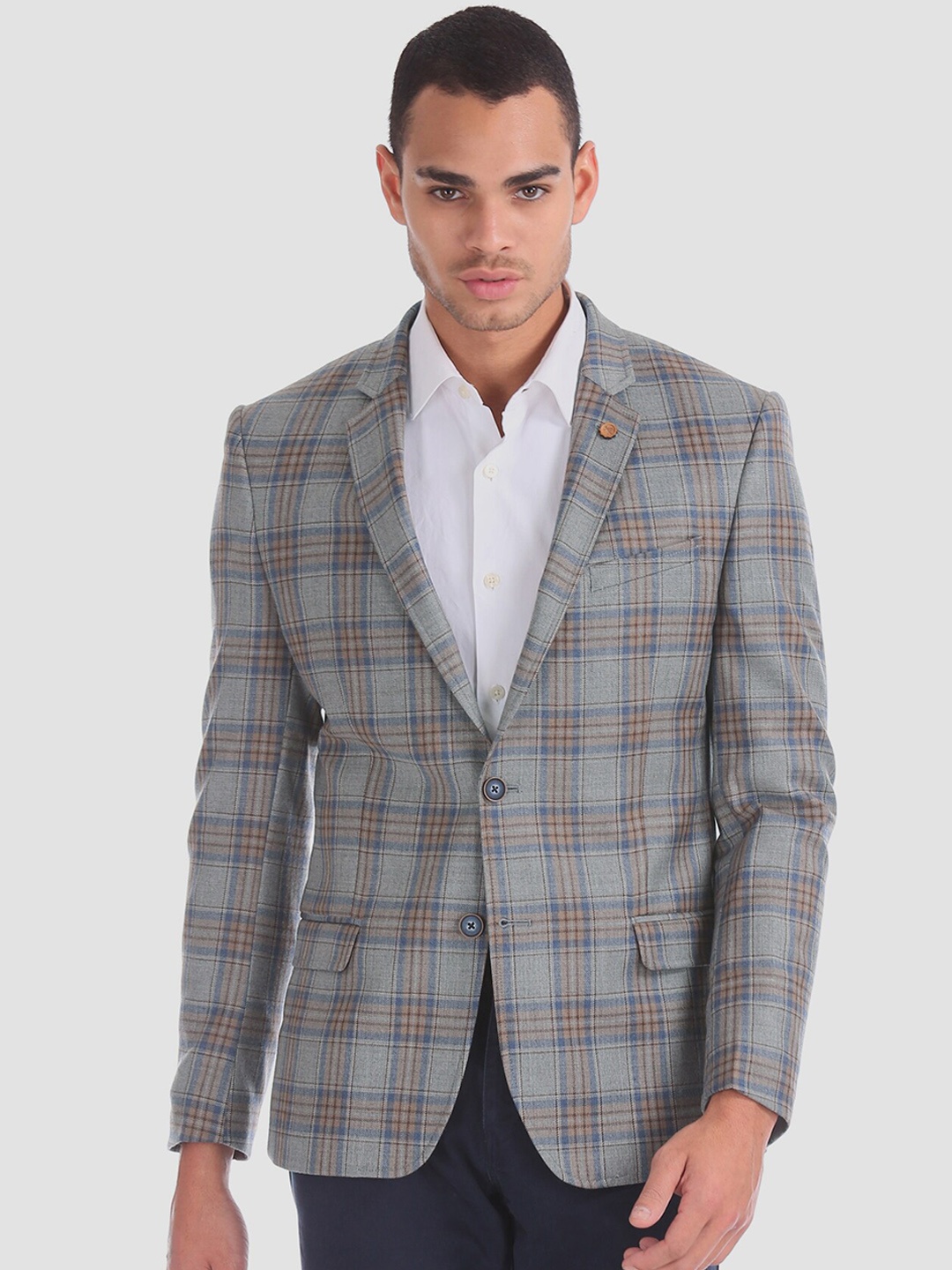 Arrow Men Grey & Brown Checked Slim-Fit Single-Breasted Casual Blazer