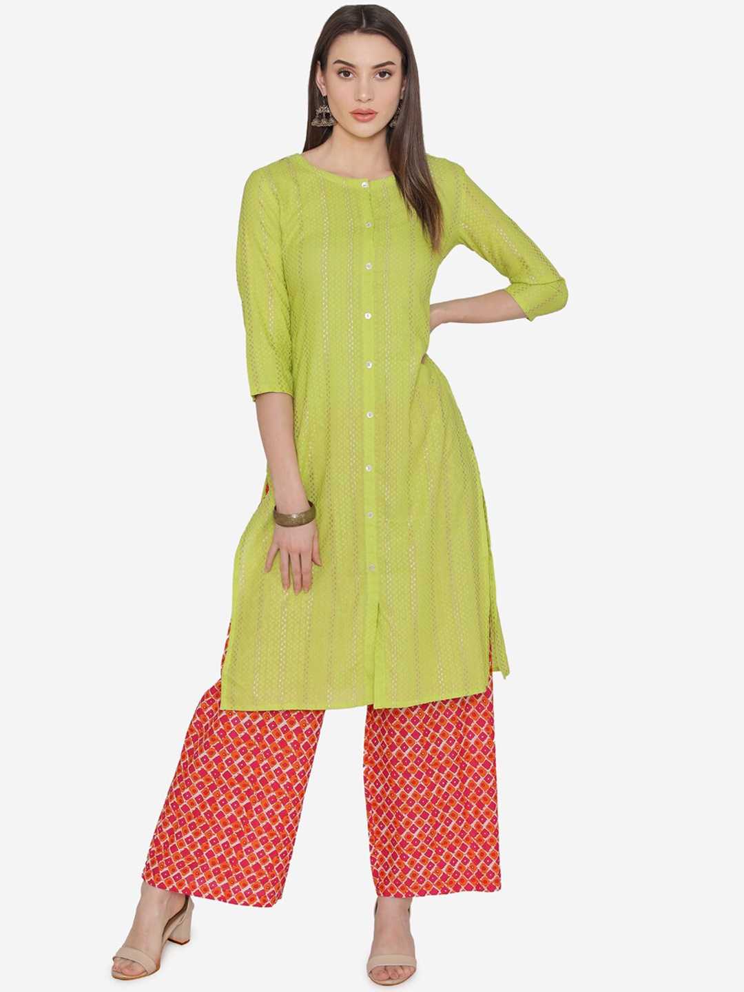 Kifahari Women Lime Green & Gold-Toned Solid Kurta with Palazzos