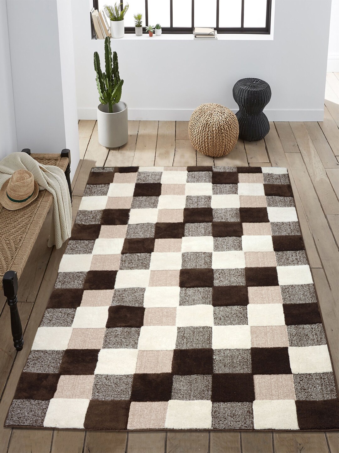 Saral Home Brown & Off-White Checked Microfiber Anti-Skid Carpet