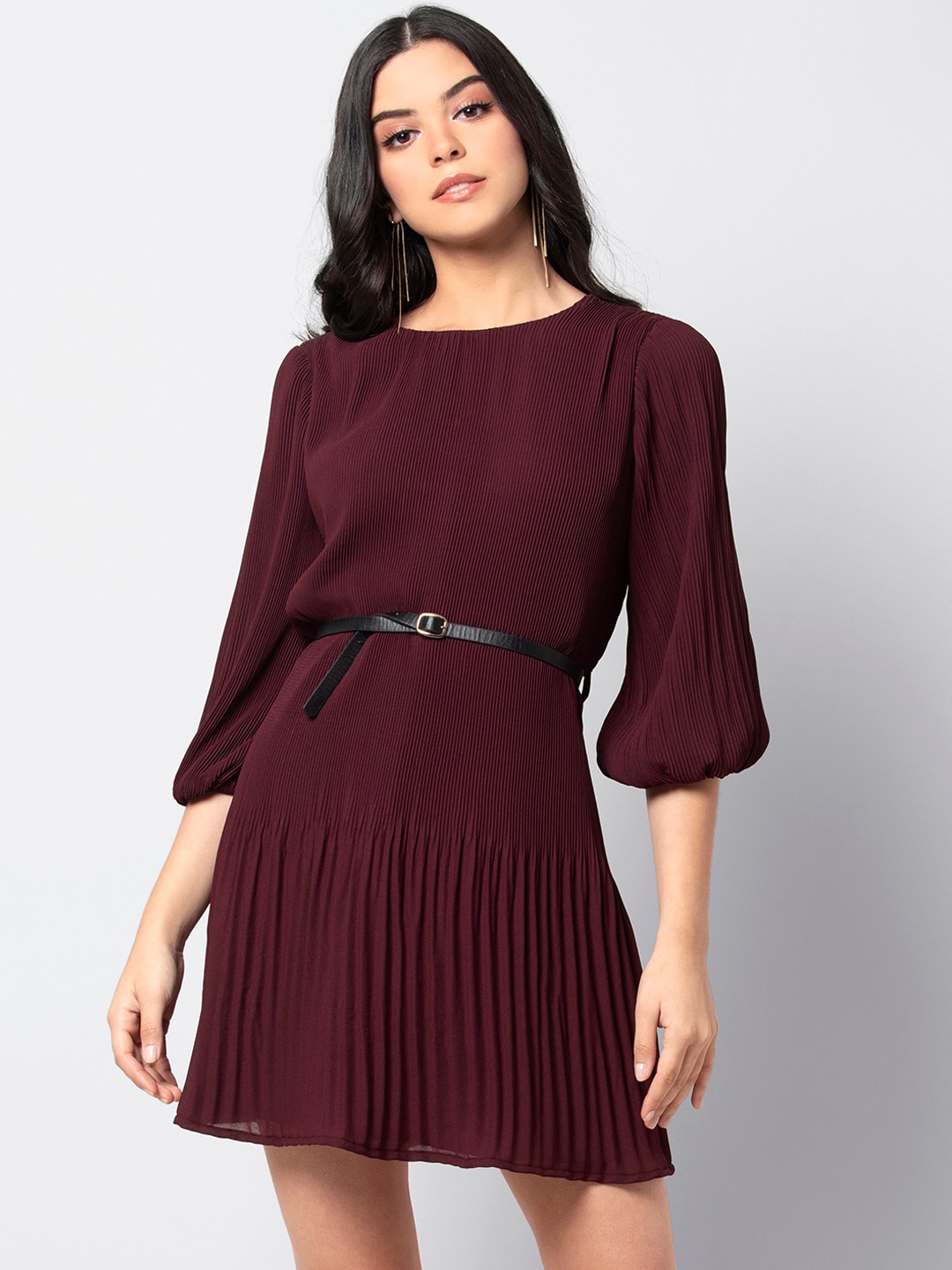 FabAlley Women Maroon Solid A-Line Dress