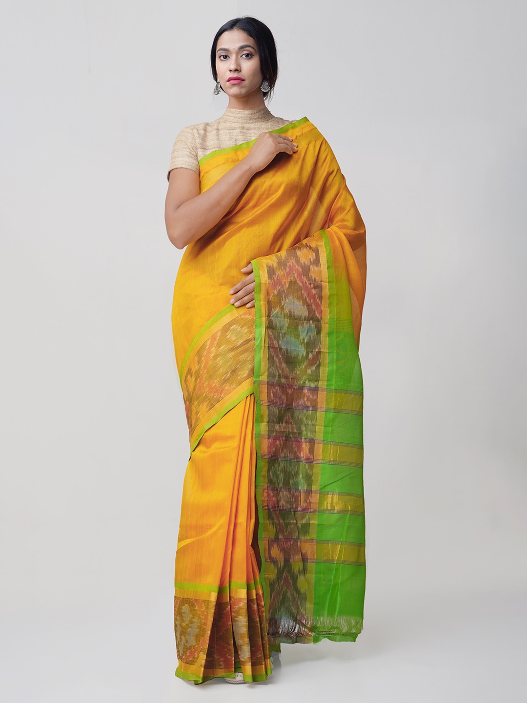 Unnati Silks Yellow Silk Cotton Handloom Solid Kanjeevaram Sustainable Saree